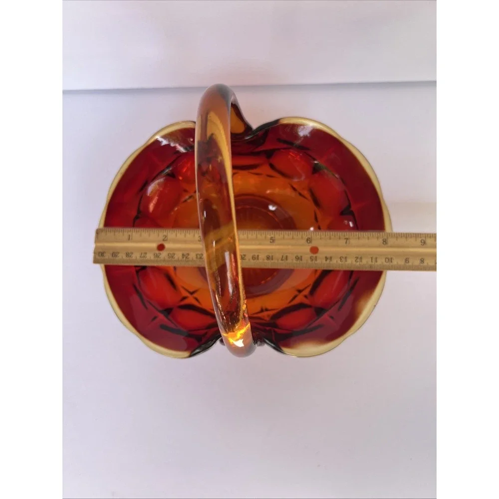VTG Amberina Glass Basket sunset signed JD artist Jim Dunlavy Red Yellow GLOWS